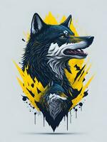 Wolf with mountain and colorful snow illustration on black background for t-shirt design photo