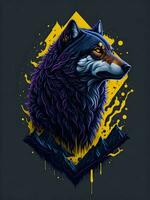 Wolf with mountain and colorful snow illustration on black background for t-shirt design photo