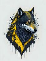 Wolf with mountain and colorful snow illustration on black background for t-shirt design photo