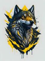 Wolf with mountain and colorful snow illustration on black background for t-shirt design photo