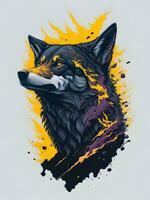 Wolf with mountain and colorful snow illustration on black background for t-shirt design photo