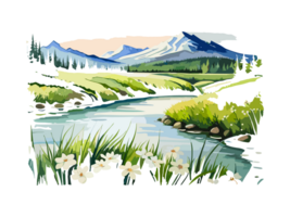 Watercolor landscape with mountains, white flowers, and trees png