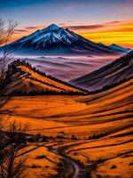 puesta de sol en el montañas con brillante colores foto