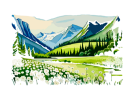 Watercolor landscape with mountains, white flowers, and trees png