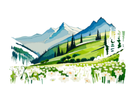 acuarela paisaje con montañas, blanco flores, y arboles png