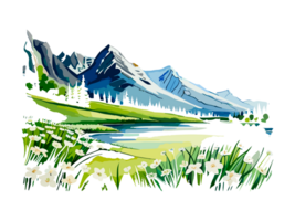 Watercolor landscape with mountains, white flowers, and trees png