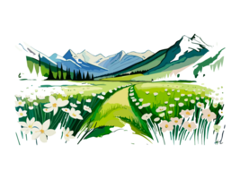 Watercolor landscape with mountains, white flowers, and trees png