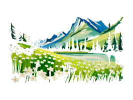 Watercolor landscape with mountains, white flowers, and trees png