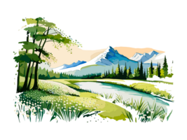 vattenfärg landskap med berg, vit blommor, och träd png