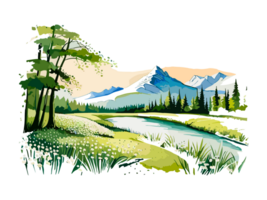 Watercolor landscape with mountains, white flowers, and trees png