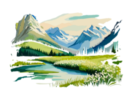 Watercolor landscape with mountains, white flowers, and trees png