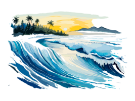 Watercolor blue seawater wave with Dolfin transparent png