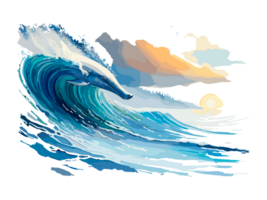 aquarelle bleu eau de mer vague avec dolfin transparent png