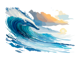 Watercolor blue seawater wave with Dolfin transparent png