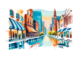 Watercolor cityscape with colorful building and architecture png