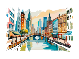 Watercolor cityscape with colorful building and architecture png