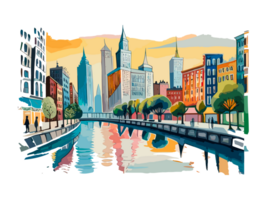 Watercolor cityscape with colorful building and architecture png