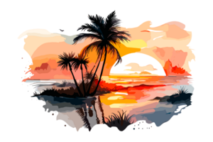 acuarela puesta de sol pintura con palma arboles en el mar playa, transparente fondo, png. dibujado a mano amanecer paisaje orilla ilustración para camisetas, libro cubiertas, y impresión medios de comunicación decoraciones png