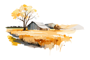 Watercolor golden field with crops on transparent background, PNG. Hand-drawn golden agriculture, cultivation, countryside landscape field for t-shirts, book covers, and print media decorations png