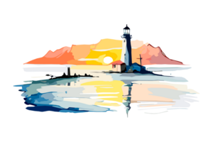 Watercolor lighthouse on the sea beach with copy space, transparent background, png. Hand-drawn coastline painting for t-shirts, book covers, and print media decorations png