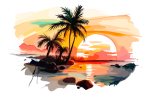 Watercolor sunset painting with palm trees on the sea beach, transparent background, PNG. Hand-drawn sunrise landscape riverside illustration for t-shirts, book covers, and print media decorations png