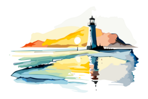 vattenfärg fyr på de hav strand med kopia Plats, transparent bakgrund, png. ritad för hand kustlinje målning för t-shirts, bok täcker, och skriva ut media dekorationer png