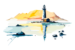 Watercolor lighthouse on the sea beach with copy space, transparent background, png. Hand-drawn coastline painting for t-shirts, book covers, and print media decorations png