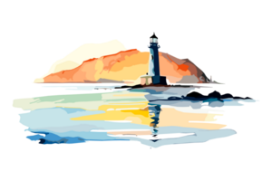 Watercolor lighthouse on the sea beach with copy space, transparent background, png. Hand-drawn coastline painting for t-shirts, book covers, and print media decorations png