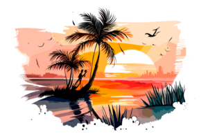 Watercolor sunset painting with palm trees on the sea beach, transparent background, PNG. Hand-drawn sunrise landscape riverside illustration for t-shirts, book covers, and print media decorations png