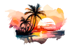vattenfärg solnedgång målning med handflatan träd på de hav strand, transparent bakgrund, png. ritad för hand soluppgång landskap flodstrand illustration för t-shirts, bok täcker, och skriva ut media dekorationer png