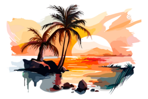 Watercolor sunset painting with palm trees on the sea beach, transparent background, PNG. Hand-drawn sunrise landscape riverside illustration for t-shirts, book covers, and print media decorations png