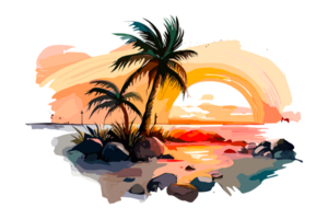 Watercolor sunset painting with palm trees on the sea beach, transparent background, PNG. Hand-drawn sunrise landscape riverside illustration for t-shirts, book covers, and print media decorations png