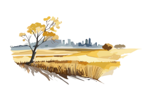 Watercolor golden field with crops on transparent background, PNG. Hand-drawn golden agriculture, cultivation, countryside landscape field for t-shirts, book covers, and print media decorations png