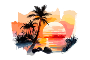 Watercolor sunset painting with palm trees on the sea beach, transparent background, PNG. Hand-drawn sunrise landscape riverside illustration for t-shirts, book covers, and print media decorations png