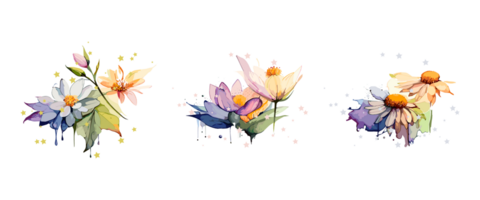 Aquarell violett oder lila Blumen Gemälde Sammlung, transparent Hintergrund, png. handgemalt Jahrgang retro Blumen Illustration zum T-Shirts, Buch Abdeckungen, und drucken Medien Dekorationen png