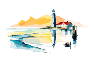 Watercolor lighthouse on the sea beach with copy space, transparent background, png. Hand-drawn coastline painting for t-shirts, book covers, and print media decorations png