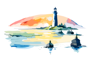 Watercolor lighthouse on the sea beach with copy space, transparent background, png. Hand-drawn coastline painting for t-shirts, book covers, and print media decorations png