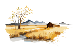 Watercolor golden field with crops on transparent background, PNG. Hand-drawn golden agriculture, cultivation, countryside landscape field for t-shirts, book covers, and print media decorations png