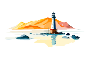 Watercolor lighthouse on the sea beach with copy space, transparent background, png. Hand-drawn coastline painting for t-shirts, book covers, and print media decorations png