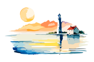 Watercolor lighthouse on the sea beach with copy space, transparent background, png. Hand-drawn coastline painting for t-shirts, book covers, and print media decorations png