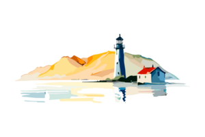 Watercolor lighthouse on the sea beach with copy space, transparent background, png. Hand-drawn coastline painting for t-shirts, book covers, and print media decorations png