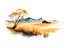 Watercolor golden field with crops on transparent background, PNG. Hand-drawn golden agriculture, cultivation, countryside landscape field for t-shirts, book covers, and print media decorations png