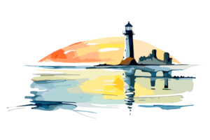 aquarelle phare sur le mer plage avec copie espace, transparent arrière-plan, png. dessiné à la main littoral La peinture pour tee-shirts, livre couvertures, et impression médias décorations png