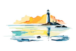 Watercolor lighthouse on the sea beach with copy space, transparent background, png. Hand-drawn coastline painting for t-shirts, book covers, and print media decorations png