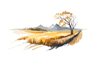 Watercolor golden field with crops on transparent background, PNG. Hand-drawn golden agriculture, cultivation, countryside landscape field for t-shirts, book covers, and print media decorations png