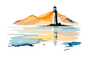 Watercolor lighthouse on the sea beach with copy space, transparent background, png. Hand-drawn coastline painting for t-shirts, book covers, and print media decorations png