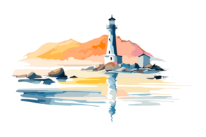 Aquarell Leuchtturm auf das Meer Strand mit Kopieren Raum, transparent Hintergrund, png. handgemalt Küste Gemälde zum T-Shirts, Buch Abdeckungen, und drucken Medien Dekorationen png