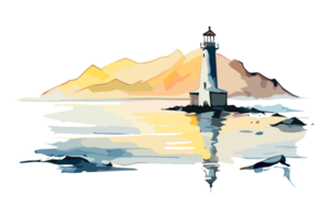 Watercolor lighthouse on the sea beach with copy space, transparent background, png. Hand-drawn coastline painting for t-shirts, book covers, and print media decorations png