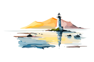 Watercolor lighthouse on the sea beach with copy space, transparent background, png. Hand-drawn coastline painting for t-shirts, book covers, and print media decorations png