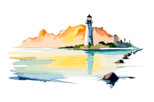 Watercolor lighthouse on the sea beach with copy space, transparent background, png. Hand-drawn coastline painting for t-shirts, book covers, and print media decorations png